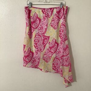 Vintage Y2K Artsy Abstract Festival Pink Paisley Asymmetrical Fairy Slip Skirt L